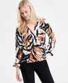Inc International Concepts Women's Printed Cuffed Surplice Top, Exclusively At Macy's In Brown