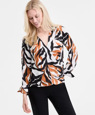 Inc International Concepts Women's Printed Cuffed Surplice Top, Exclusively At Macy's In Brown