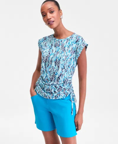 Inc International Concepts Women's Printed Drawstring-side Top, Macy's Exclusive In Blue