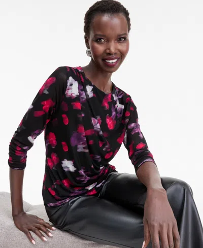 Inc International Concepts Women's Printed Long-sleeve Draped Mesh Top In Black