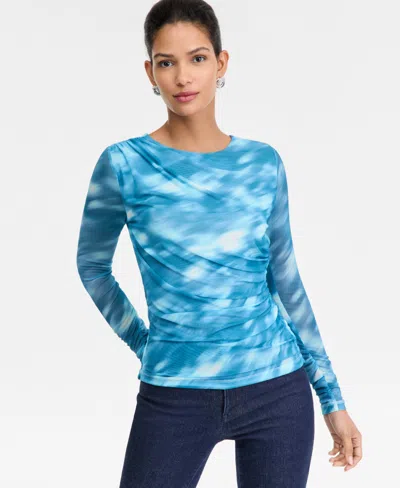 Inc International Concepts Women's Printed Long-sleeve Draped Mesh Top In Blue