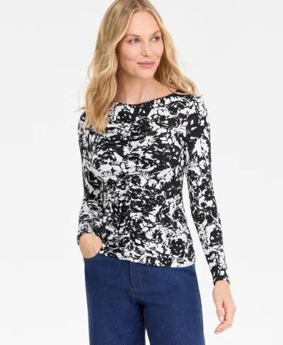 Inc International Concepts Women's Printed Long-sleeve Shirred-front Top, Macy's Exclusive In Black