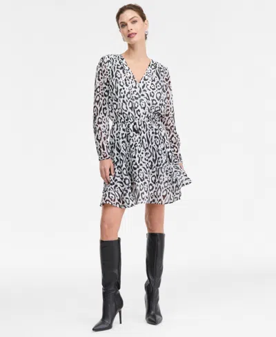 Inc International Concepts Women's Printed Long-sleeve Surplice Mini Dress, Macy's Exclusive In Gray