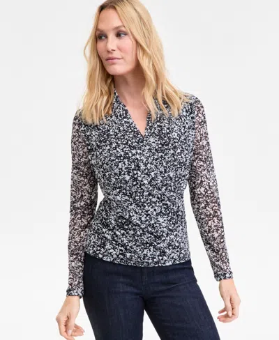 Inc International Concepts Women's Printed Mesh Surplice-neck Top, Macy's Exclusive In Blue