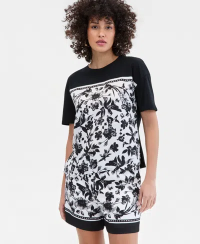 Inc International Concepts Women's Printed Mixed Media T-shirt, Macy's Exclusive In Black