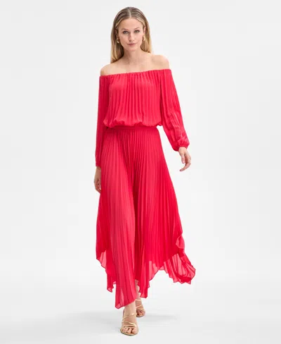 Inc International Concepts Women's Printed Pleated Off-the-shoulder Maxi Dress, Exclusively At Macy's In Fresh Lips