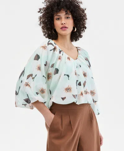 Inc International Concepts Women's Printed Puff-sleeve Bubble Blouse, Macy's Exclusive In Blue