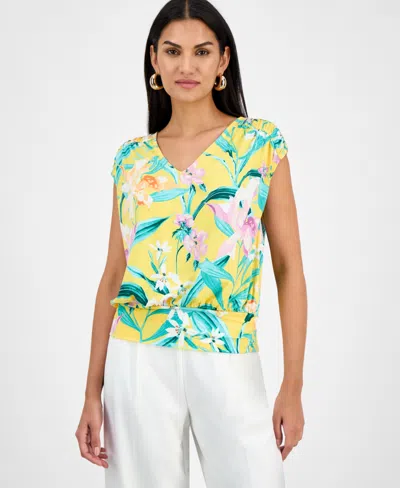 Inc International Concepts Women's Printed Ruched Cap-sleeve Top, Exclusively At Macy's