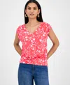 Inc International Concepts Women's Printed Ruched Cap-sleeve Top, Exclusively At Macy's In Red