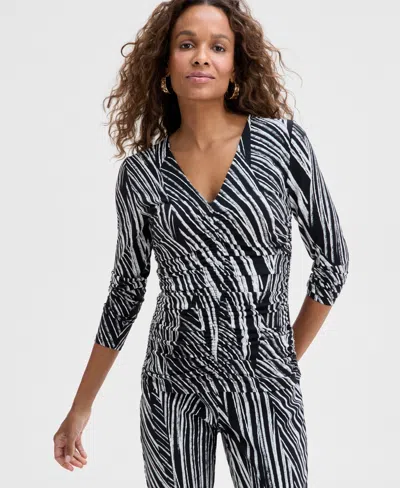 Inc International Concepts Women's Printed Ruched-front V-neck Top, Exclusively At Macy's In Piastripe-black