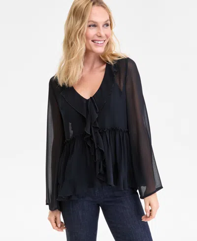 Inc International Concepts Women's Printed Ruffle-collar Top, Macy's Exclusive In Black