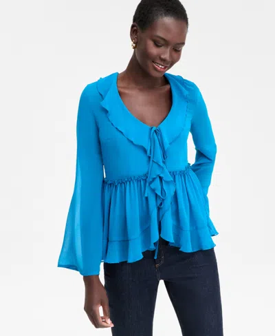Inc International Concepts Women's Printed Ruffle-collar Top, Macy's Exclusive In Blue