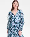 Inc International Concepts Women's Printed Ruffle-trim Split-neck Blouse, Macy's Exclusive In Blue