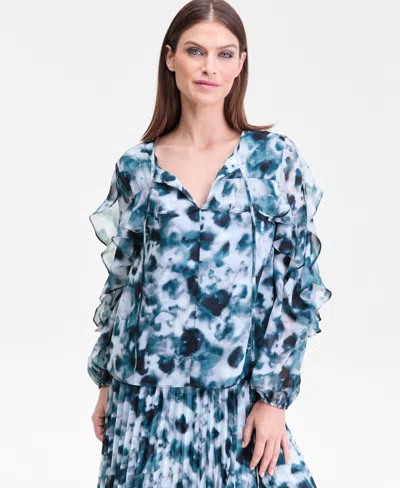Inc International Concepts Women's Printed Ruffle-trim Split-neck Blouse, Macy's Exclusive In Blue