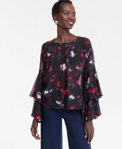 Inc International Concepts Women's Printed Ruffled Top, Macy's Exclusive In Black