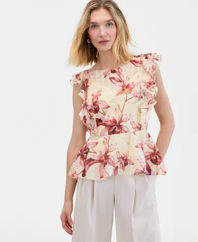 Inc International Concepts Women's Printed Ruffle-sleeve Peplum Blouse, Macy's Exclusive In Neutral