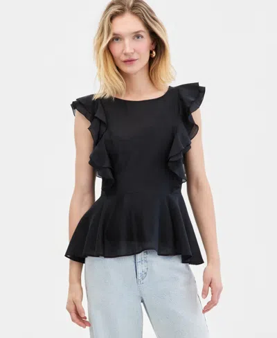 Inc International Concepts Women's Printed Ruffle-sleeve Peplum Blouse, Macy's Exclusive In Black