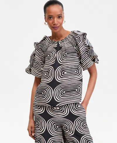 Inc International Concepts Women's Printed Ruffle-sleeve Top, Macy's Exclusive In Black