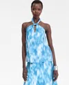 Inc International Concepts Women's Printed Satin Knotted Halter Top, Macy's Exclusive In Blue