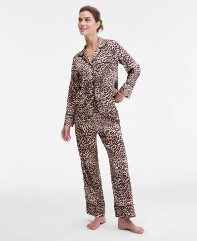 Inc International Concepts Women's Printed Satin Long Pajama Set, Macy's Exclusive In Brown