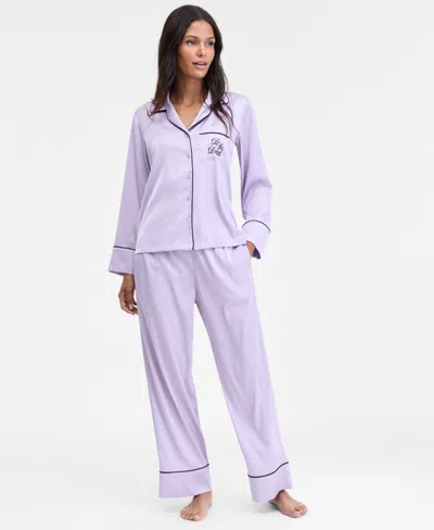 Inc International Concepts Women's Printed Satin Long Pajama Set, Macy's Exclusive In Purple