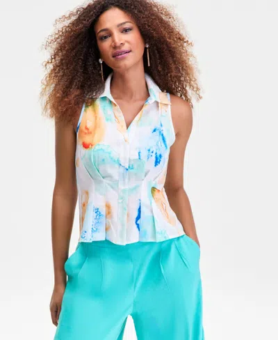 Inc International Concepts Women's Printed Seamed-waist Sleeveless Shirt, Macy's Exclusive In Blue