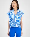 Inc International Concepts Women's Printed Short-sleeve Surplice Blouse, Exclusively At Macy's In Blue