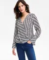 Inc International Concepts Women's Printed Surplice Long-sleeve Blouse, Exclusively At Macy's In Black
