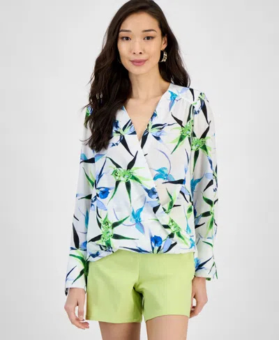 Inc International Concepts Women's Printed Surplice Long-sleeve Blouse, Exclusively At Macy's In Green