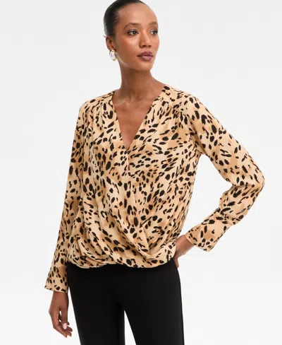 Inc International Concepts Women's Printed Surplice-neck Blouse, Macy's Exclusive In Neutral
