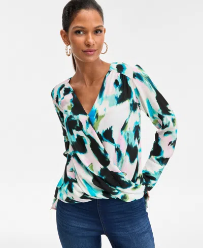 Inc International Concepts Women's Printed Surplice-neck Blouse, Macy's Exclusive In Blue