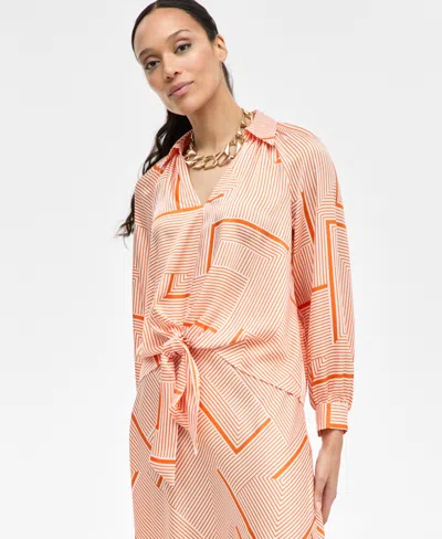 Inc International Concepts Women's Printed Tie-front Blouse, Exclusively At Macy's In Orange