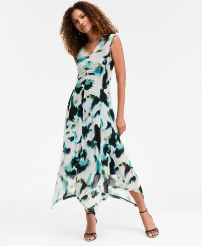 Inc International Concepts Women's Printed V-neck Ruched Dress, Macy's Exclusive In Green