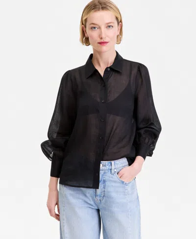 Inc International Concepts Women's Puffed-sleeve Sheer Blouse, Macy's Exclusive In Black