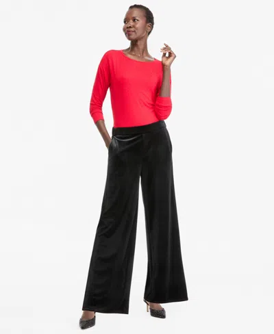 Inc International Concepts Women's Pull-on Velvet Wide-leg Pants, Macy's Exclusive In Deep Black