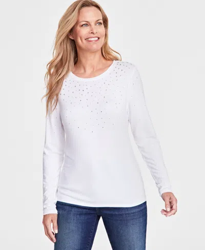 Inc International Concepts Women's Raining Crystals Long-sleeve Top, Created For Macy's In Bright White