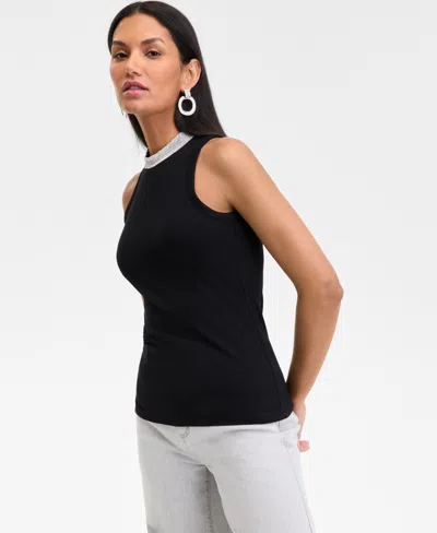 Inc International Concepts Women's Rhinestone-trim Top, Exclusively At Macy's In Deep Black