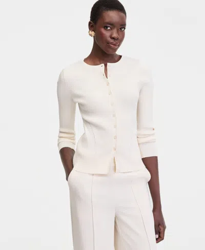 Inc International Concepts Women's Ribbed Crewneck Cardigan, Macy's Exclusive In Neutral