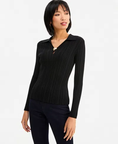 Inc International Concepts Women's Ribbed Hardware V-neck Sweater, Macy's Exclusive In Black