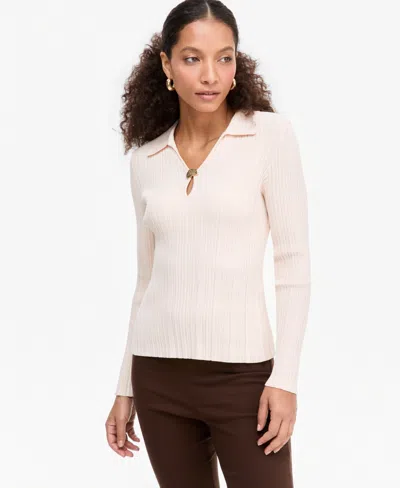 Inc International Concepts Women's Ribbed Hardware V-neck Sweater, Macy's Exclusive In Neutral