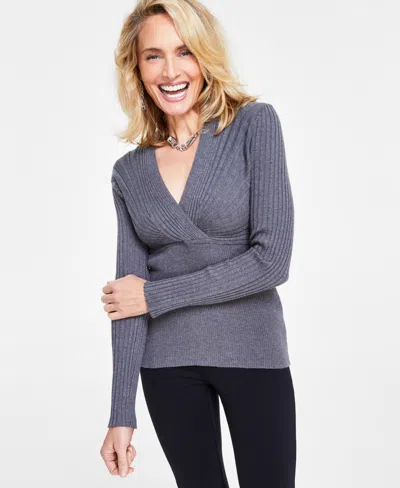 Inc International Concepts Women's Ribbed Surplice Pullover Sweater, Created For Macy's In Medium Heather Grey