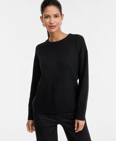 Inc International Concepts Women's Ribbed-trim Crewneck Pullover Sweater, Macy's Exclusive In Black