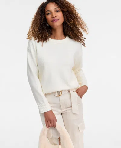 Inc International Concepts Women's Ribbed-trim Crewneck Pullover Sweater, Macy's Exclusive In White