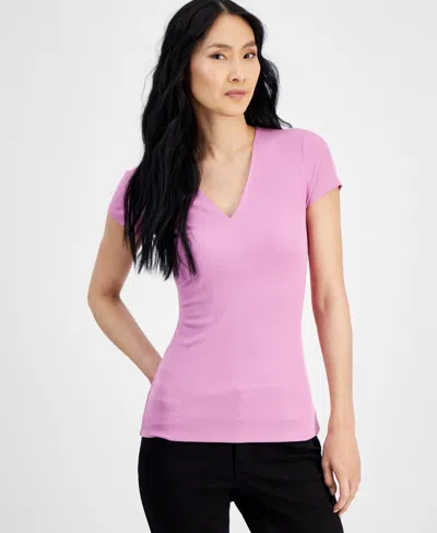 Inc International Concepts Women's Ribbed V-neck Top, Created For Macy's In Pink Azalea