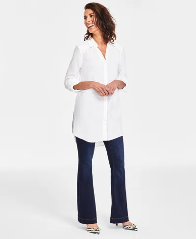 Inc International Concepts Women's Roll-tab Button-down Long Blouse, Created For Macy's In Blue
