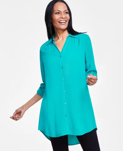 Inc International Concepts Women's Roll-tab Button-down Long Blouse, Created For Macy's In Fresco Blue