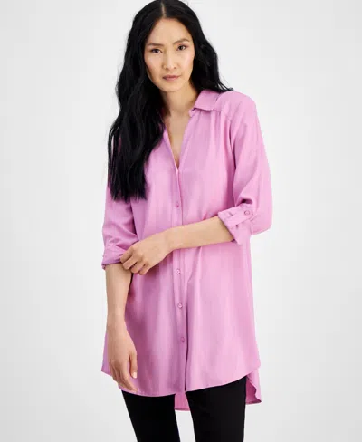 Inc International Concepts Women's Roll-tab Button-down Long Blouse, Created For Macy's In Pink Azalea