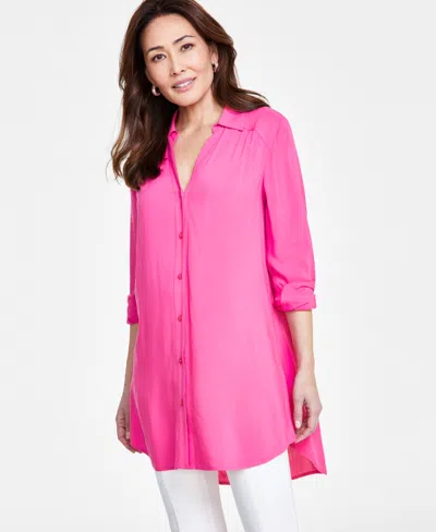 Inc International Concepts Women's Roll-tab Button-down Long Blouse, Created For Macy's In Pink Glam