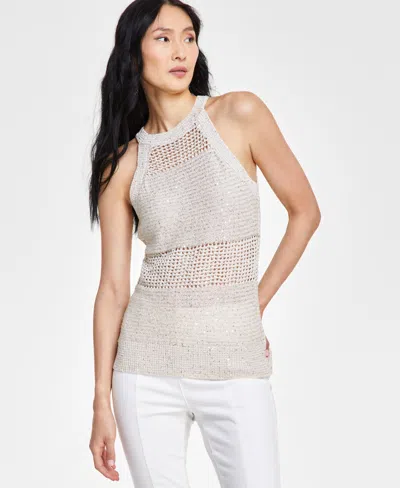 Inc International Concepts Women's Roving Sequin Crochet Sweater Tank Top, Created For Macy's In Beige With Silver