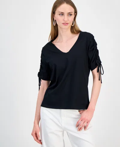 Inc International Concepts Women's Ruched-sleeve V-neck Cotton T-shirt, Macy's Exclusive In Black